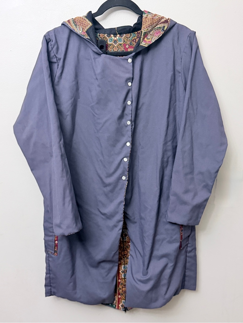 Vintage Bohemian Hooded Duster Coat Batik Paisley Lined Slate Grey